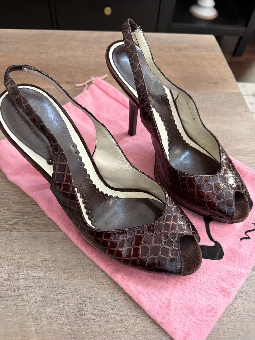 Nina Dark Brown Croc-Embossed Slingback Peep-Toe Heels